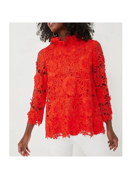 Tuckernuck Tops - NWT Tuckernuck Guipure Lace Faye Top Blouse Bow Back Red 3/4 Sleeves Size XS